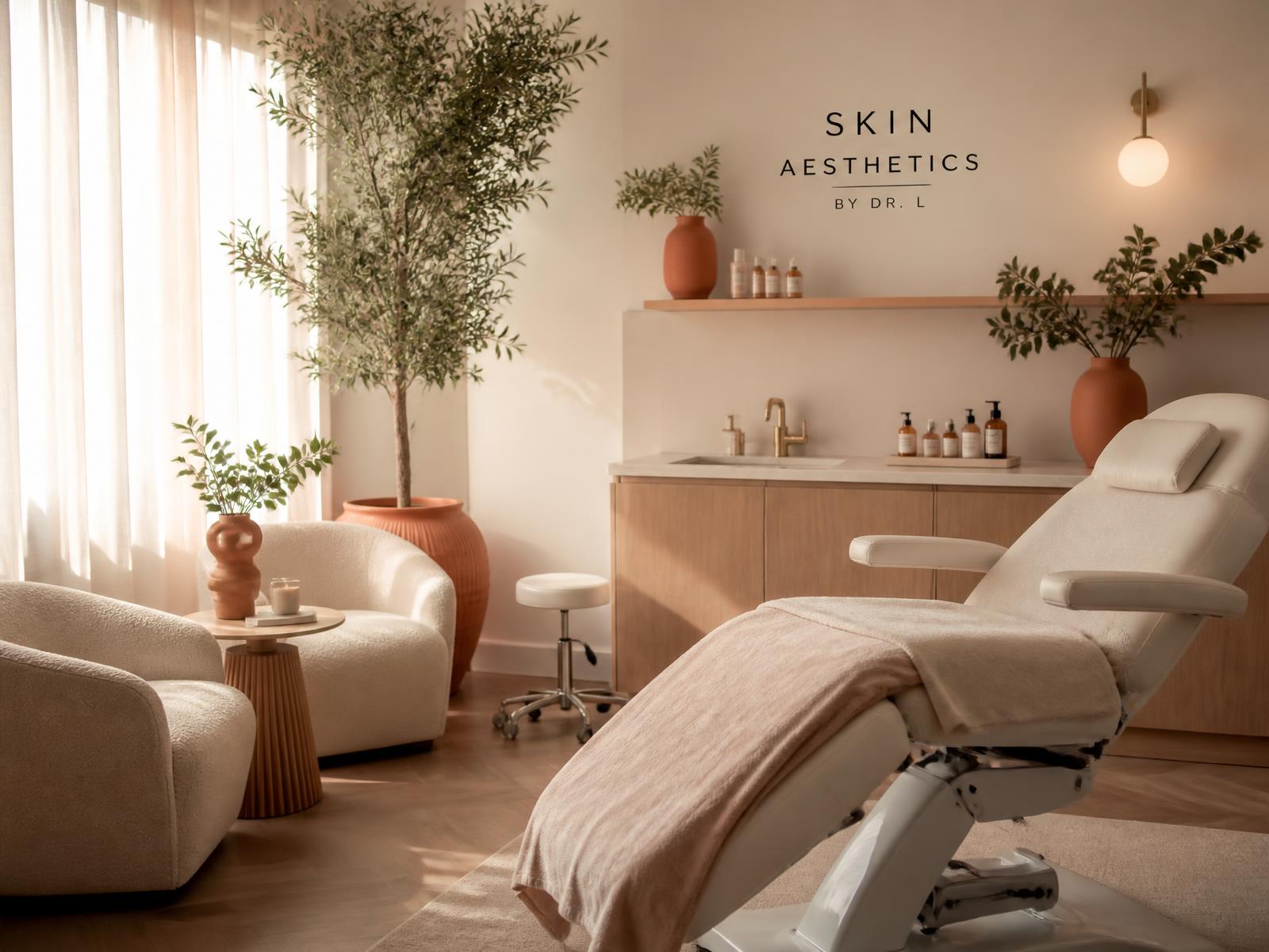 Lyst behandlerrum i skandinavisk klinik med varme farver
